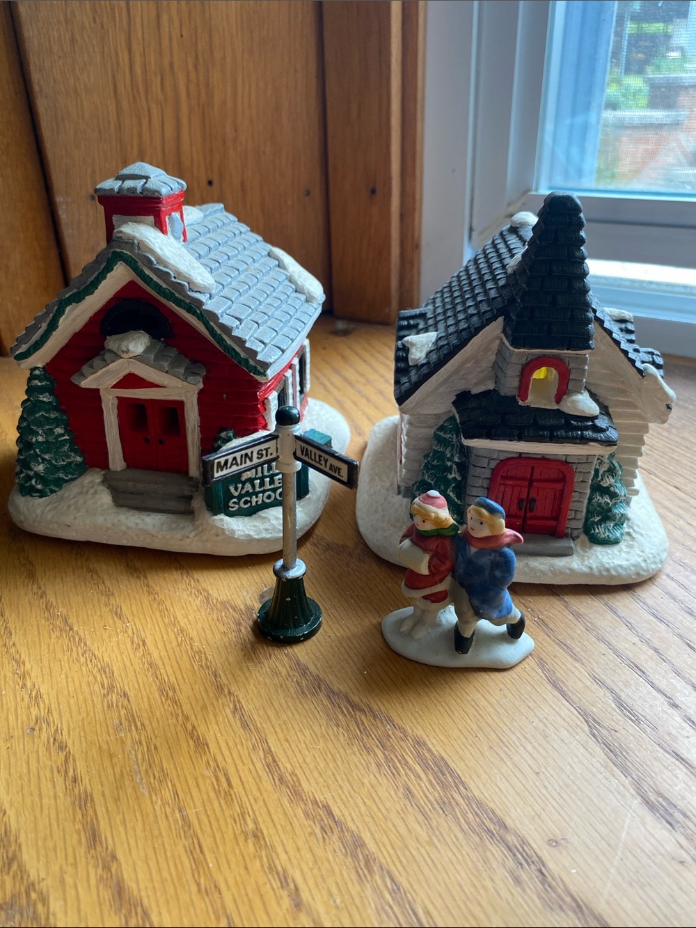 Holiday Village Red and Green Schoolhouse Decorative Figurine Set